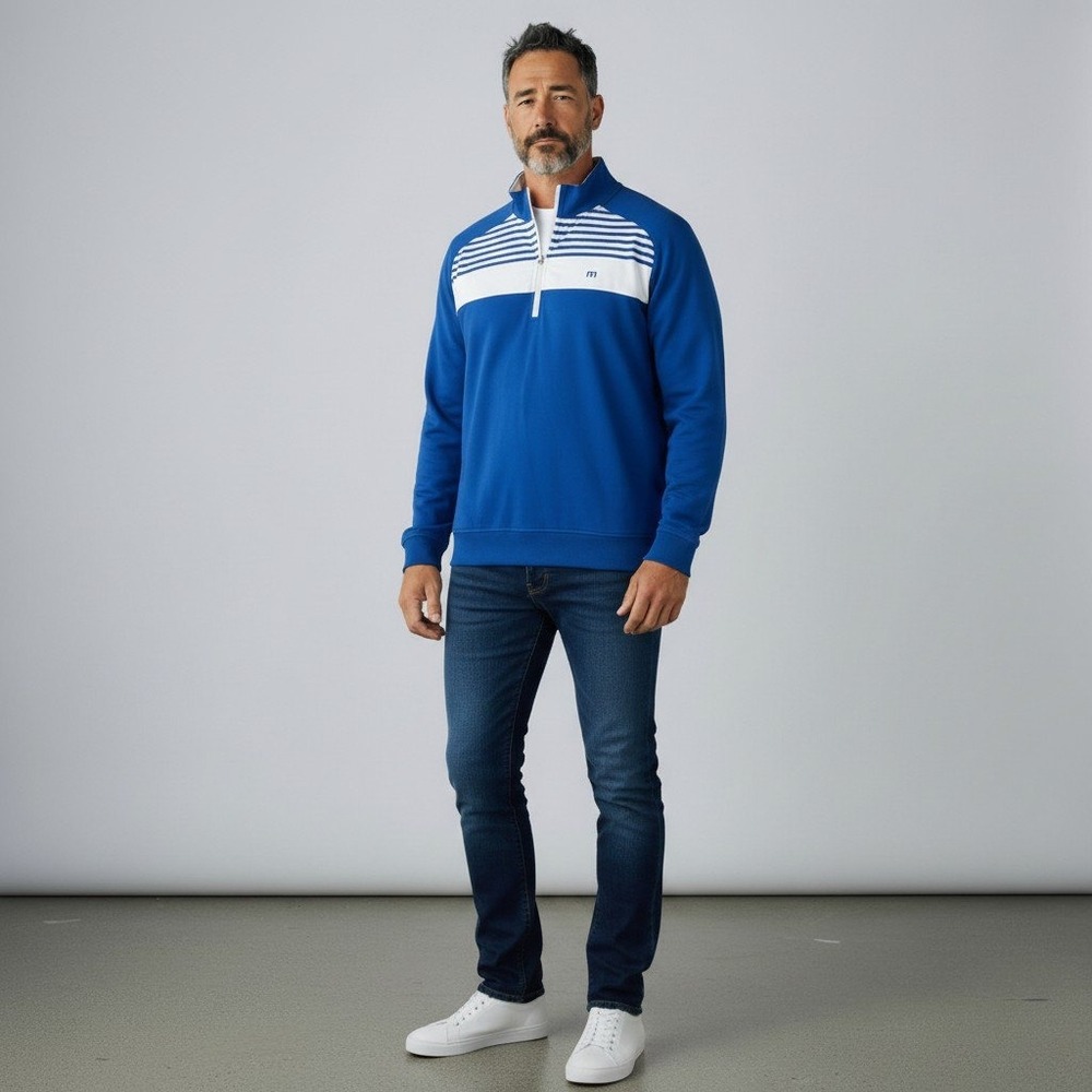 TravisMathew Pullover XL Blue Striped Quarter Zip Golf Activewear Sweatshirt